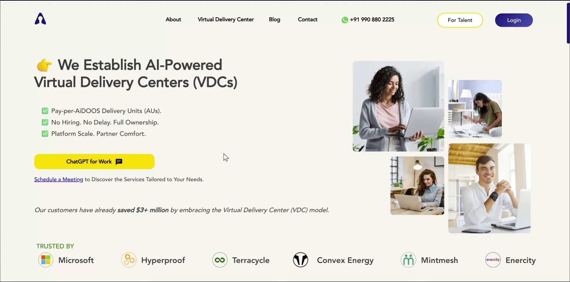 The previous homepage, a generic agency-style hero with no chat input in it