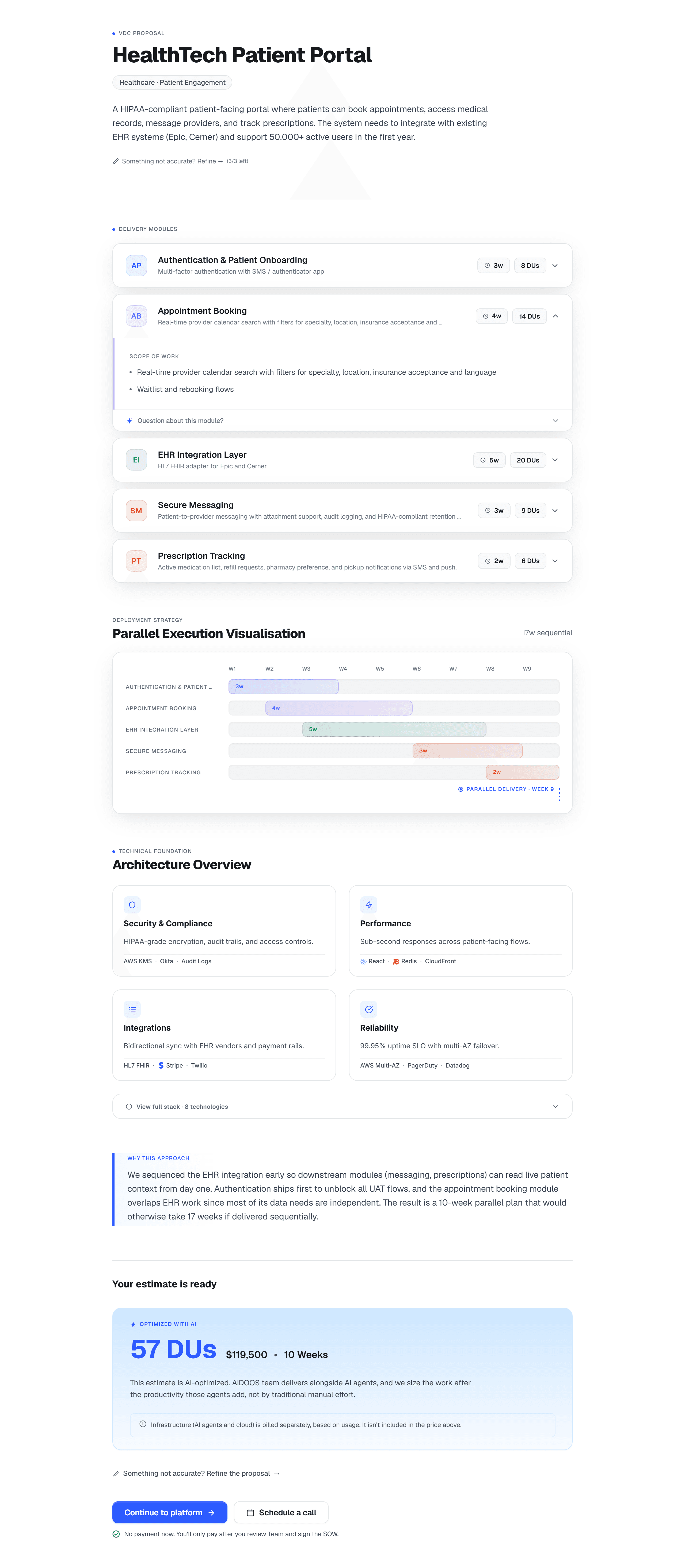 The start of a generated Aidoos proposal: a HealthTech patient portal, its summary, and the first of its priced modules.