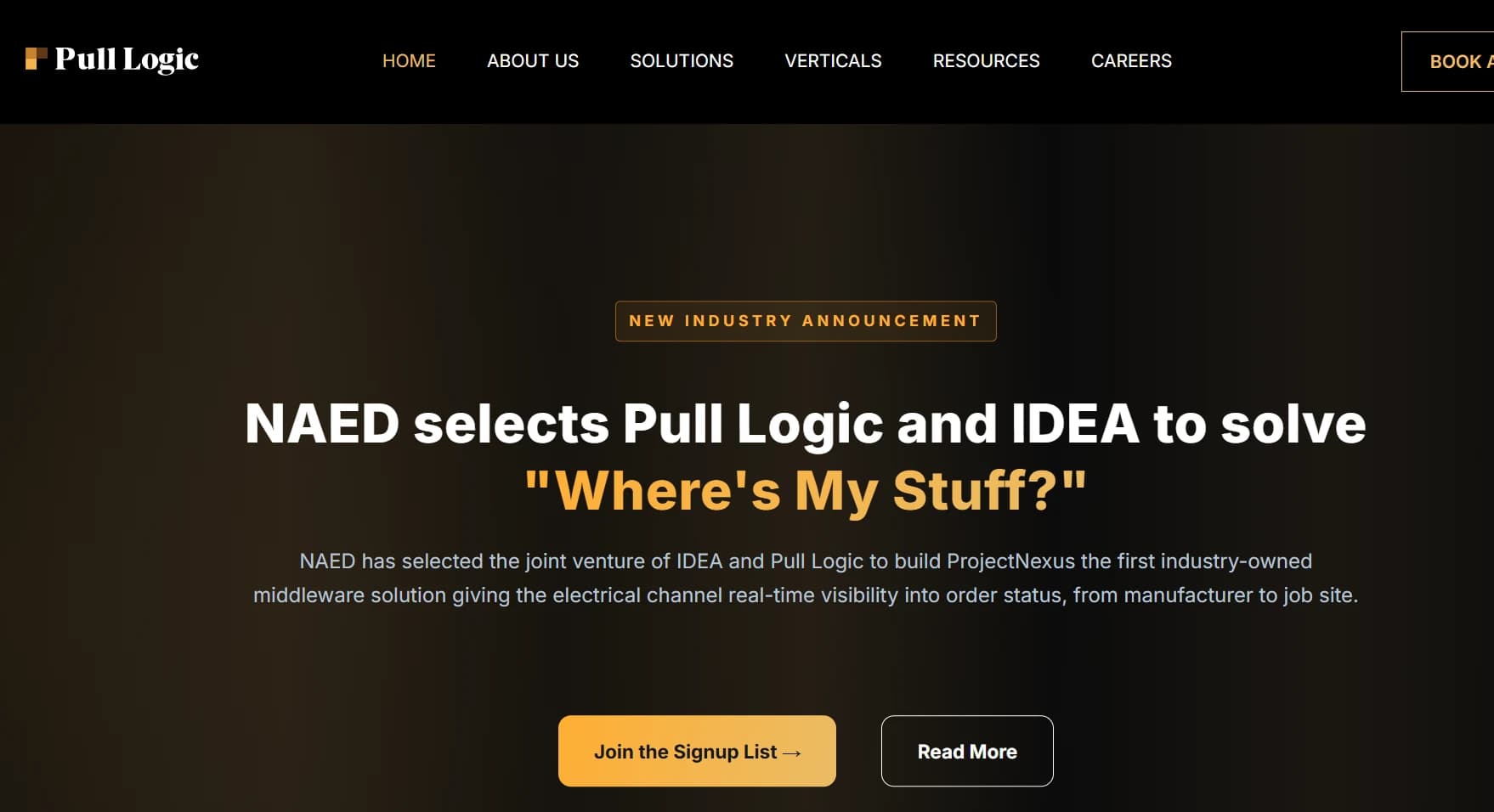 The same hero two seconds later, rotated to the NAED announcement: NAED selects Pull Logic and IDEA to solve Where is My Stuff