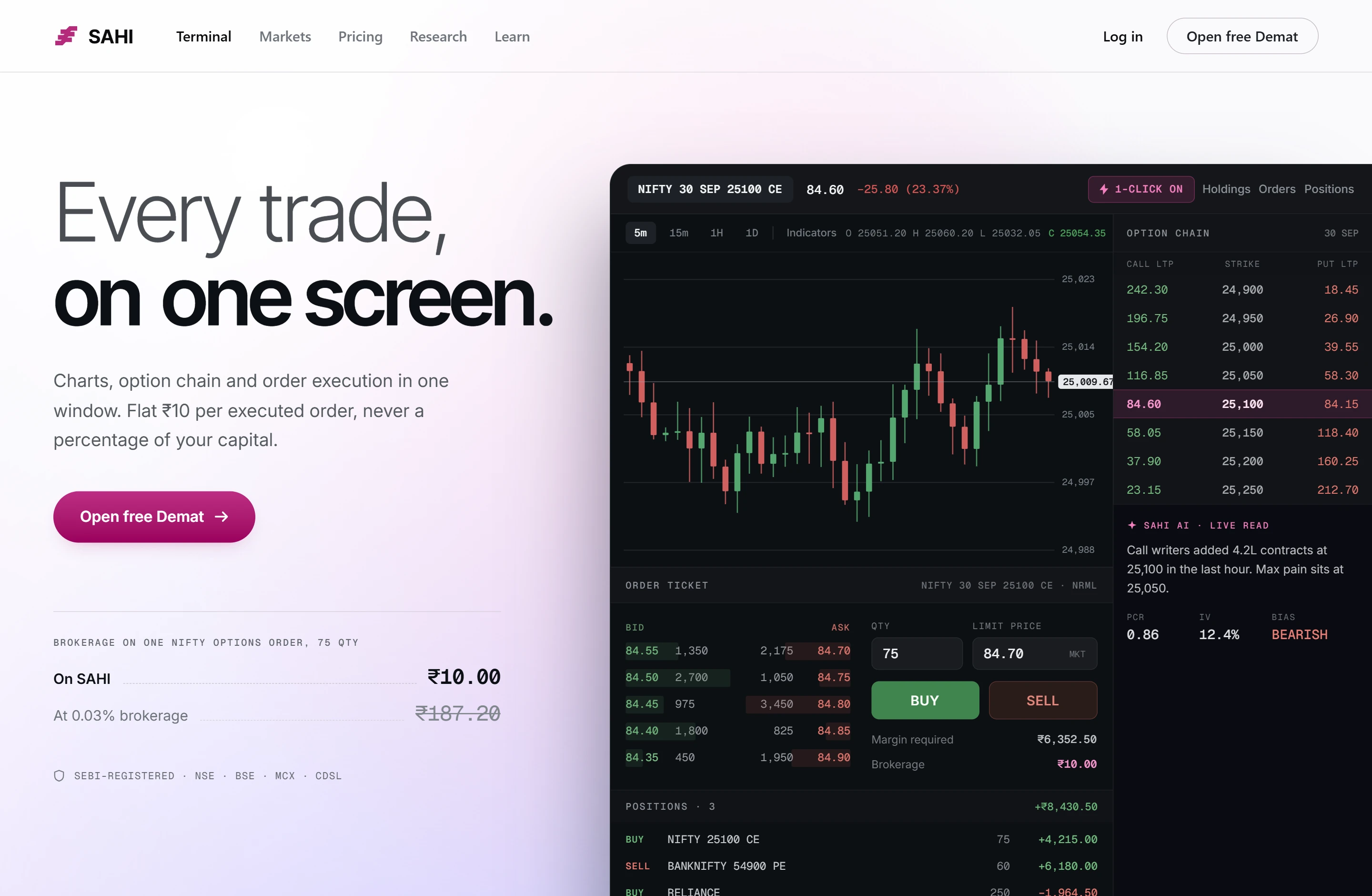 The redesigned SAHI hero: Every trade, on one screen, beside a dark trading terminal with chart, option chain, order ticket and positions in one window