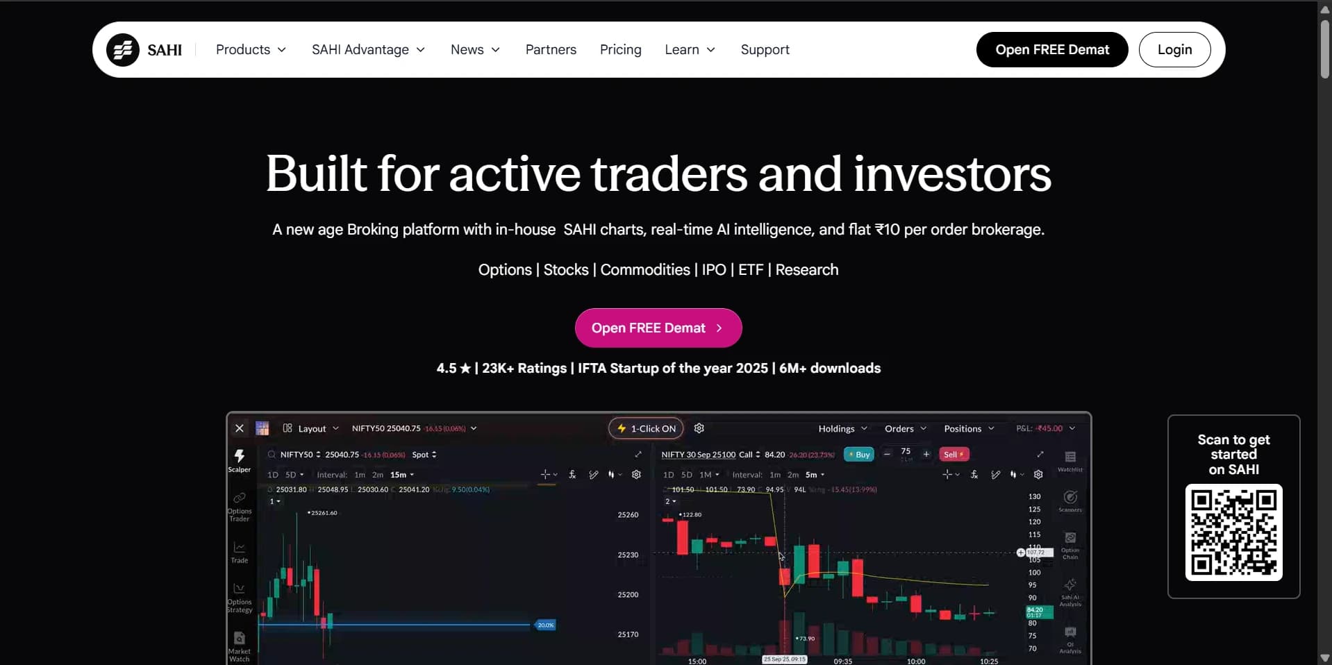 The previous SAHI hero: a centred headline reading Built for active traders and investors, a pink Open FREE Demat button, a ratings line, and a trading terminal screenshot below