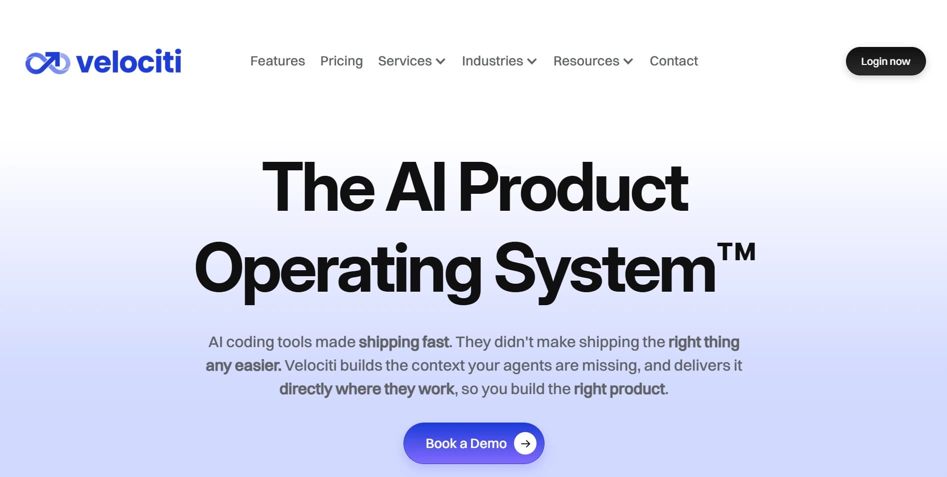 The previous Velociti hero: a centred headline reading The AI Product Operating System, a paragraph and one Book a Demo button over a pale lavender gradient