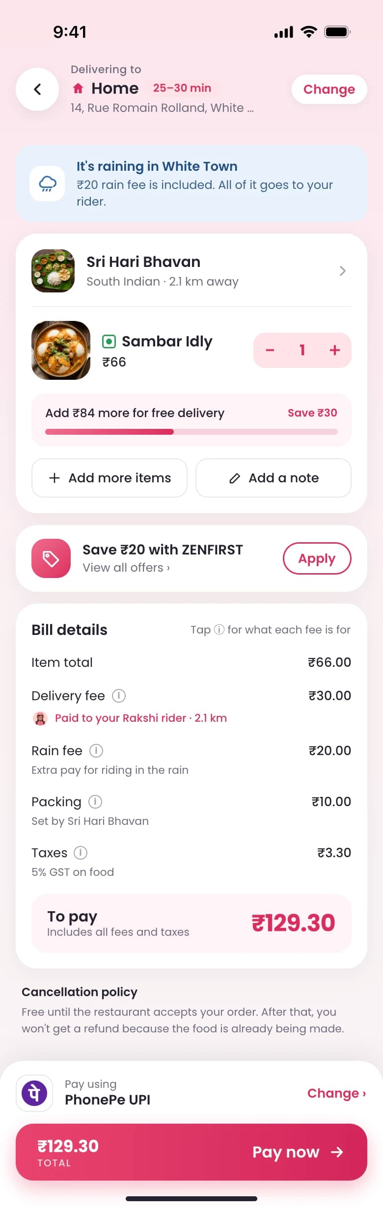 The redesigned Zenzio cart: address and delivery time at the top, a rain notice, the order, a free delivery nudge, the full bill with a reason under each fee, and a Pay now button showing ₹129.30