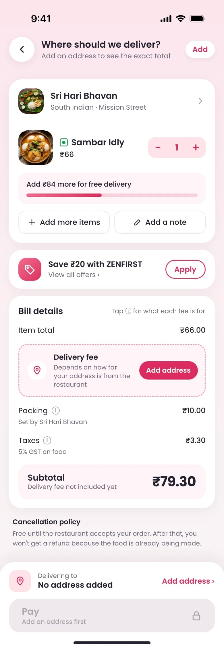 The cart with no address: the delivery fee row asks you to add an address, the bill shows a ₹79.30 subtotal without delivery, and the Pay button is locked