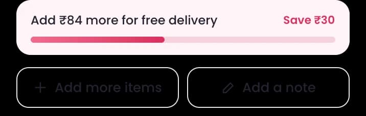 A progress bar in the cart: Add ₹84 more for free delivery, Save ₹30