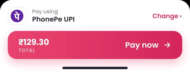 The bottom bar: pay using PhonePe UPI with a Change link, and a Pay now button showing a ₹129.30 total